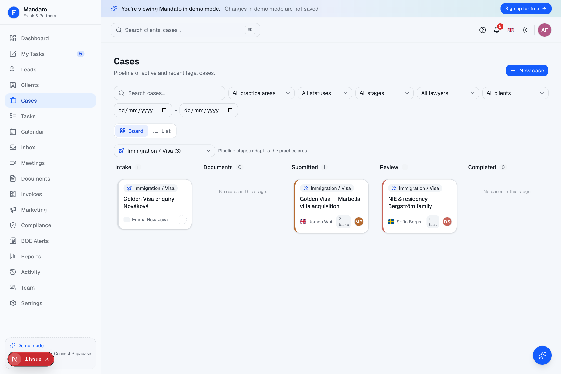 Cases Kanban board