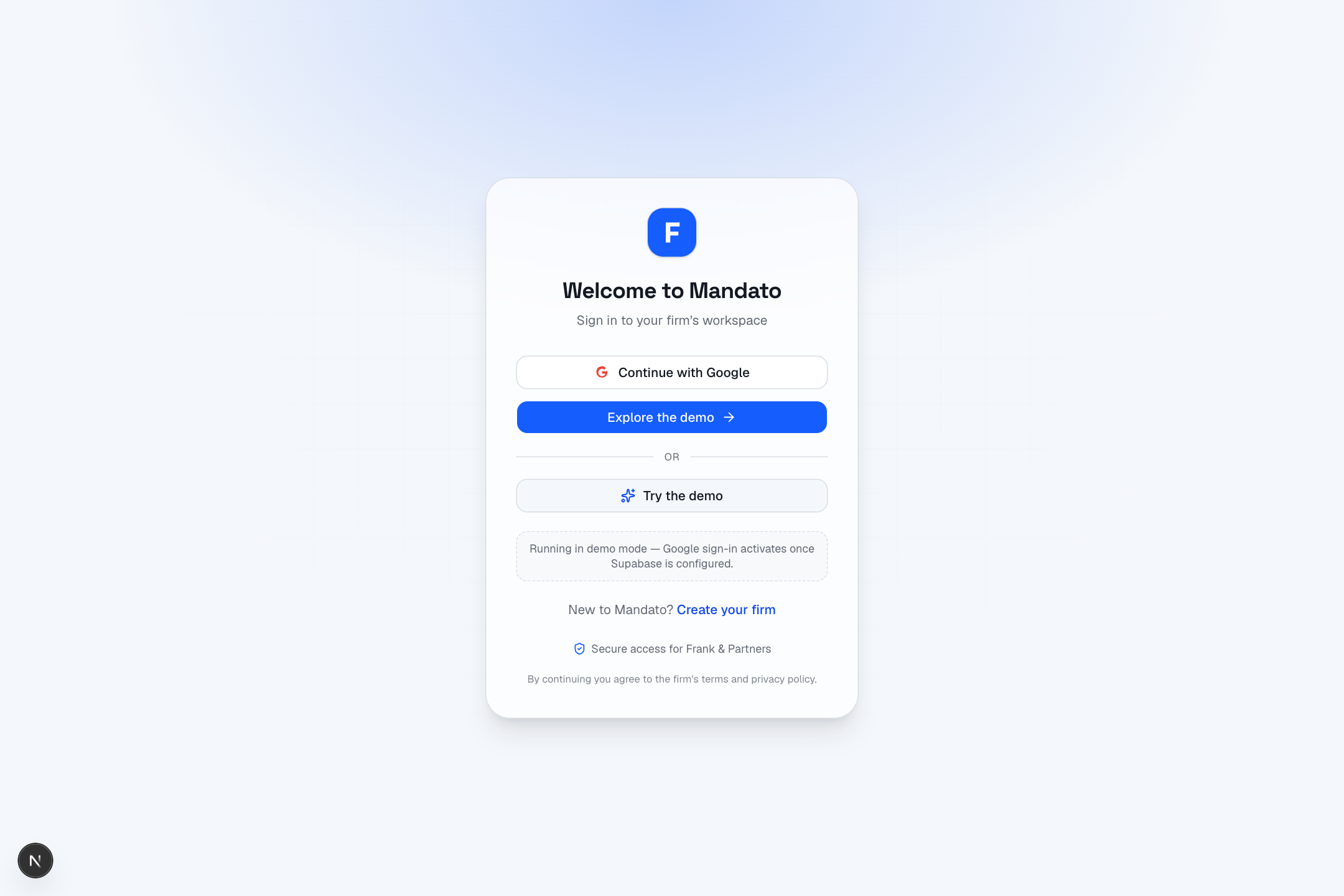 Mandato login screen